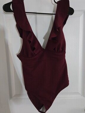 SHEIN Burgundy Ruffle One-Piece Swimsuit
